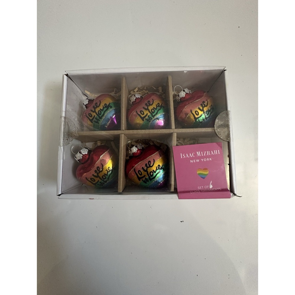 ISAAC MIZRAHI NEW YORK Rainbow Pride  Glass Heart LOVE IS LOVE Ornament Set/6